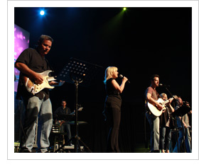 Worship band singing on stage